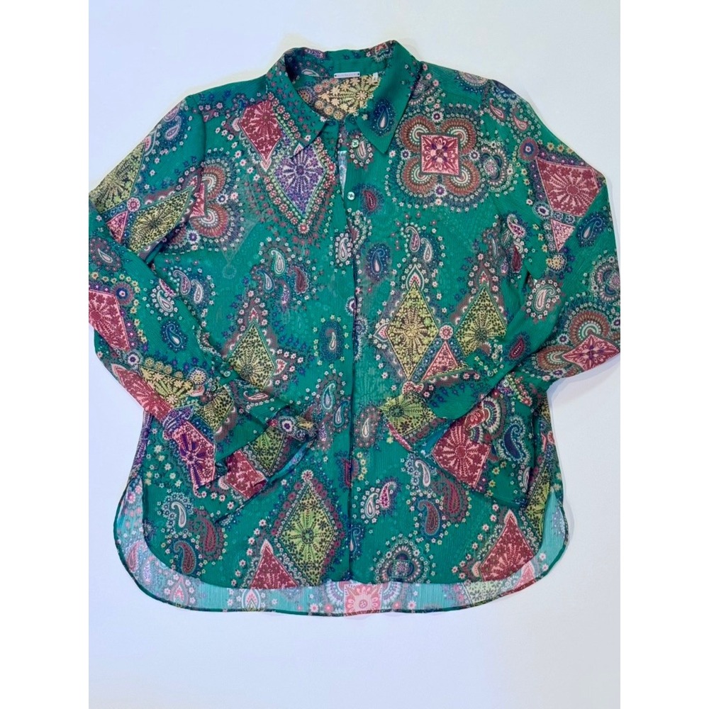 Elie Tahari Sheer Paisley Blouse Medium Green Ruffle Cuff Bohemian Eclectic Luxe
